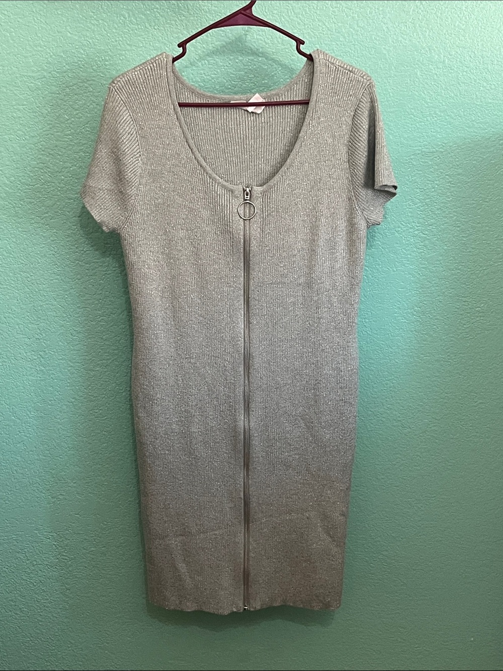 No Boundaries Silver Ribbed Zip-Front Bodycon Dress